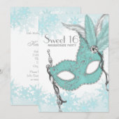 ティールブルーの雪の結晶 スウィート16 マスカレードパーティー 招待状 (正面/裏面)
