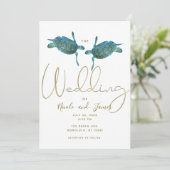 ティールブルーシータームズエレガントゴールドビーチウェディング 招待状 (スタンド正面)