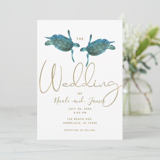 ティールブルーシータームズエレガントゴールドビーチウェディング 招待状 (スタンド正面)