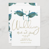 ティールブルーシータームズエレガントゴールドビーチウェディング 招待状 (正面/裏面)