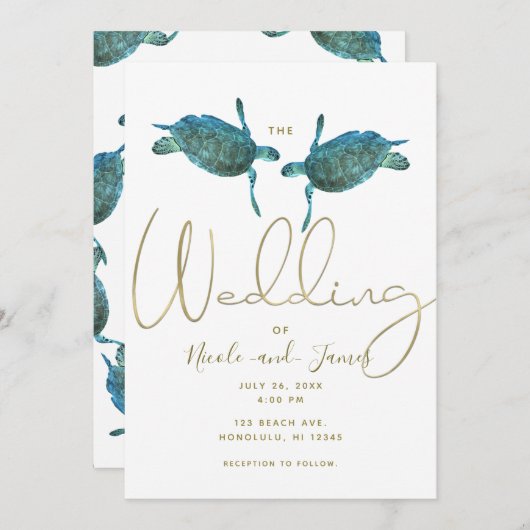 ティールブルーシータームズエレガントゴールドビーチウェディング 招待状 (正面/裏面)