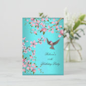 ティールブルーピンクの桜の誕生日パーティー 招待状 (スタンド正面)
