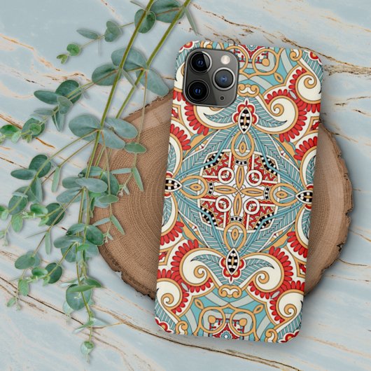 ティールブルー赤オレンジの花モザイク模様 iPhoneケース