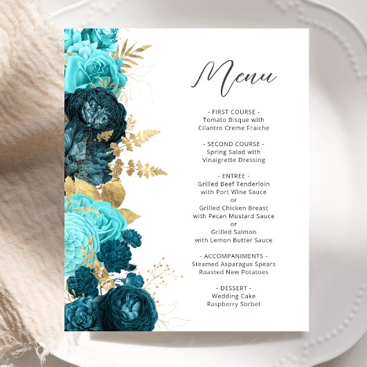ティールブルー+アクア+ゴールドの花の装飾が施された結婚式メニュー
