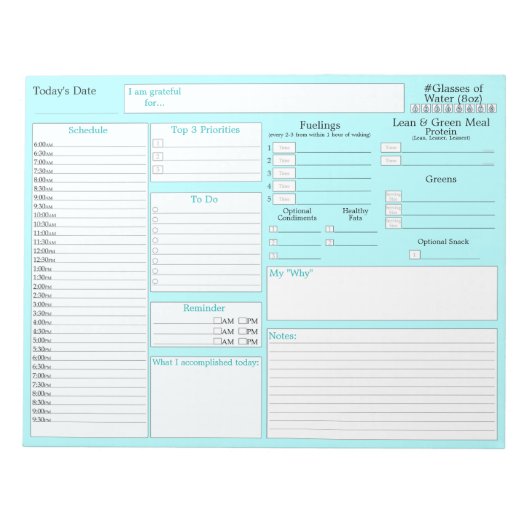ティールブルー |毎日のプランナー | 5および1フードジャーナル ノートパッド (正面)