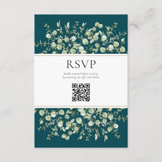 ティールユーカリQRコード結婚式RSVP エンクロージャーカード (正面)