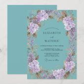 ティールラベンダーの植物ロマンス ウェディング 招待状 (正面/裏面)