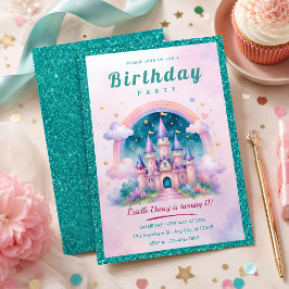 ティールラメプリンセスキャッスル誕生日パーティー 招待状