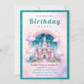 ティールラメプリンセスキャッスル誕生日パーティー 招待状 (正面)
