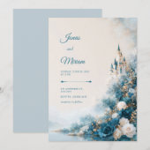 ティールローズの湖畔の城のロマンティックな結婚式 招待状 (正面/裏面)