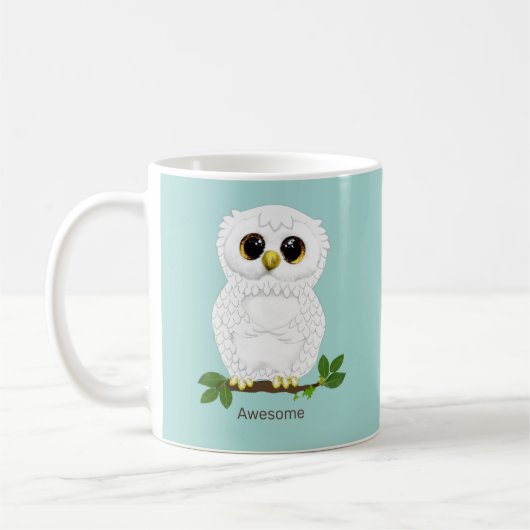 ティール地に可愛い白フクロウと月桂樹の葉 コーヒーマグカップ (左)