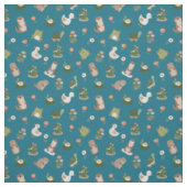 ティール地の池の生き物とはすの葉 ファブリック (見本)