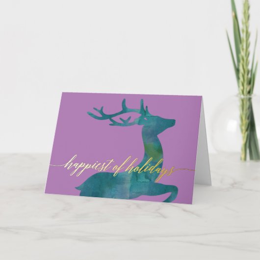 ティール水彩のトナカイがデザインされた最も幸せなホリデーシーズン シーズンカード (正面)