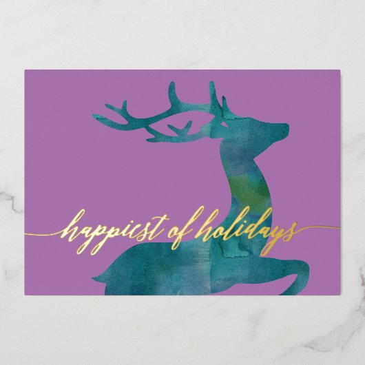ティール水彩のトナカイがデザインされた最も幸せなホリデーシーズン 箔シーズンカード (正面)