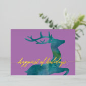 ティール水彩のトナカイがデザインされた最も幸せなホリデーシーズン 箔シーズンカード (立ち正面)