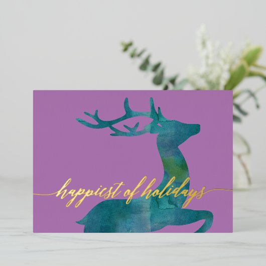 ティール水彩のトナカイがデザインされた最も幸せなホリデーシーズン 箔シーズンカード (立ち正面)