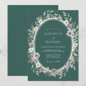 ティール色とライラックのユーカリの葉の結婚式 招待状 (正面/裏面)