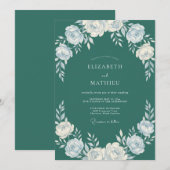 ティール色の上品なフラワーアーチ ウェディング 招待状 (正面/裏面)