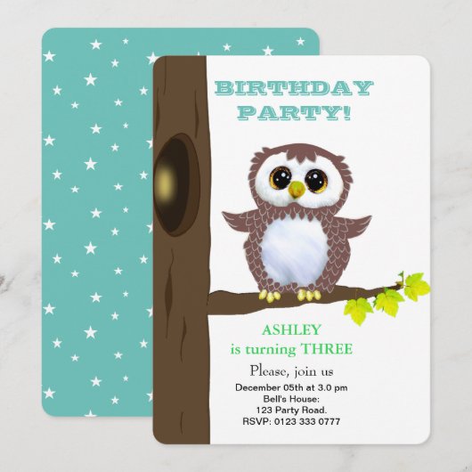 ティール色の子供の誕生日グッズに描かれた可愛いフクロウと星 招待状 (正面/裏面)