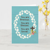 ティール色の木製背景の『洗礼』祝福と愛 カード (黄色い花)