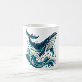ティール色の海の波とザトウクジラ コーヒーマグカップ