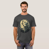 ティール色の狼の吠える月アート Tシャツ (正面フル)