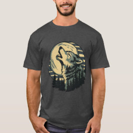 ティール色の狼の吠える月アート Tシャツ