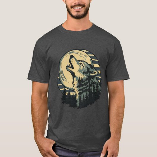 ティール色の狼の吠える月アート Tシャツ (正面)