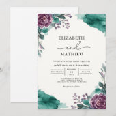 ティール色の花の水彩結婚式 招待状 (正面/裏面)