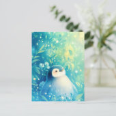 ティール色の花園に佇むかわいいベビーペンギン ポストカード (スタンド正面)