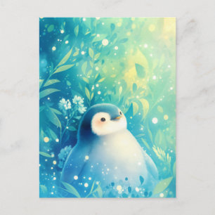 ティール色の花園に佇むかわいいベビーペンギン ポストカード