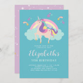 ティール |かわいいレインボーユニコーンパーソナライズされた誕生日 招待状 (正面/裏面)