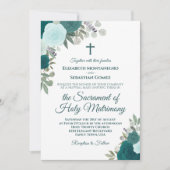 ティール&アクアのバラのモダン・カトリック結婚式 招待状 (正面)