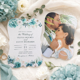 ティール+オフホワイト+野の花+カップル+写真+結婚式 招待状
