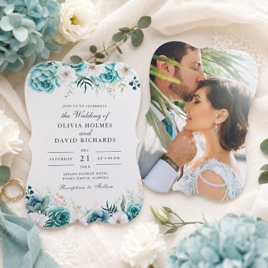 ティール+オフホワイト+野の花+カップル+写真+結婚式 招待状