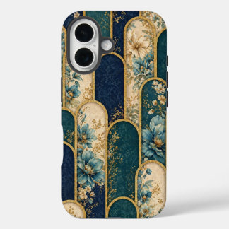ティール&ゴールドの贅沢な花柄iPhoneケース iPhone 16ケース