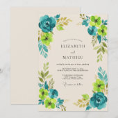 ティール+シャルトルーズの野生の花の結婚式 招待状 (正面/裏面)