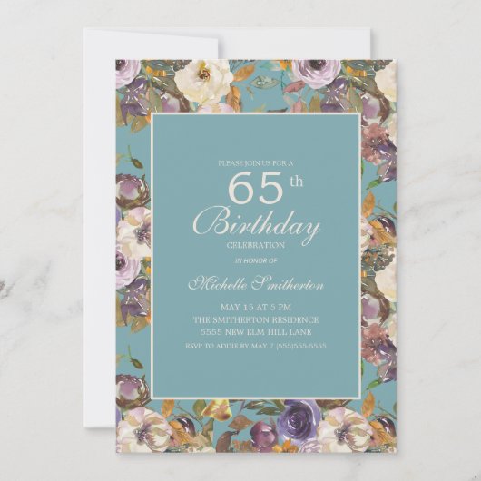 ティール+パープル+マスタード+アイボリーの花柄 65歳の誕生日 招待状 (正面)
