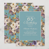 ティール+パープル+マスタード+アイボリーの花柄 65歳の誕生日 招待状 (正面/裏面)