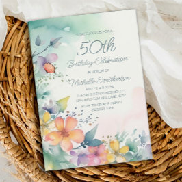 ティール+ピンク+イエロー+パステルカラーの花 50歳の誕生日 招待状