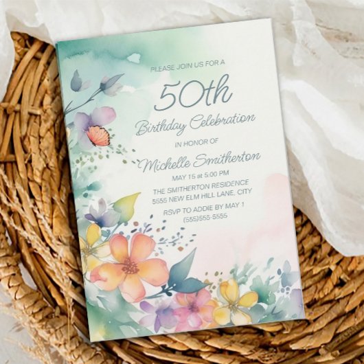ティール+ピンク+イエロー+パステルカラーの花 50歳の誕生日 招待状