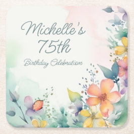 ティール ピンク イエロー パステル フラワー 75歳の誕生日 スクエアペーパーコースター