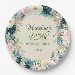 ティール+ピンク+クリームの花柄 40歳の誕生日 女性向け ペーパープレート