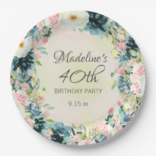 ティール+ピンク+クリームの花柄 40歳の誕生日 女性向け ペーパープレート