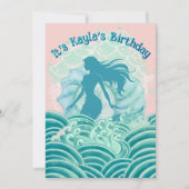 ティール+ピンク+人魚+海洋波+女の子+誕生日パーティー 招待状 (正面)