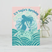 ティール+ピンク+人魚+海洋波+女の子+誕生日パーティー 招待状 (スタンド正面)