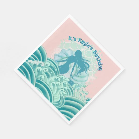ティール+ピンク+人魚+海洋波+誕生日パーティー+女の子 スタンダードランチョンナプキン (角)