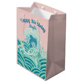 ティール+ピンク+人魚+海洋波+誕生日パーティー+女の子 ミディアムペーパーバッグ (裏面アングル)