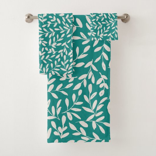 ティール＆ホワイトの繊細な植物 - ウィスパーリーフ バスタオルセット (インサイチュ)