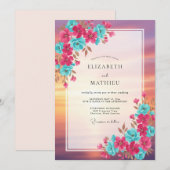 ティール+マゼンタの華やかなフラワーモチーフの結婚式 招待状 (正面/裏面)